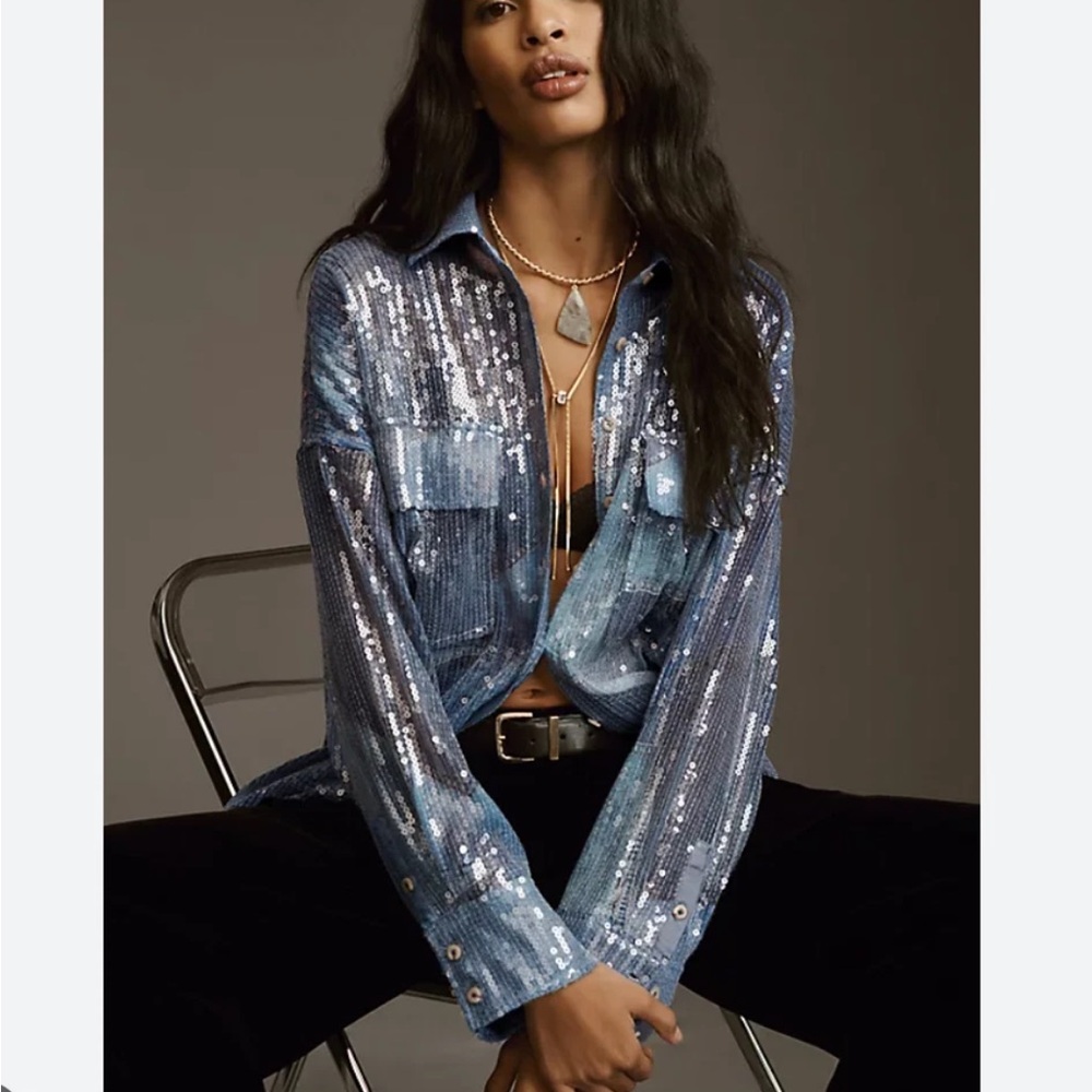 Anthropologie Blue Sequin Blouse